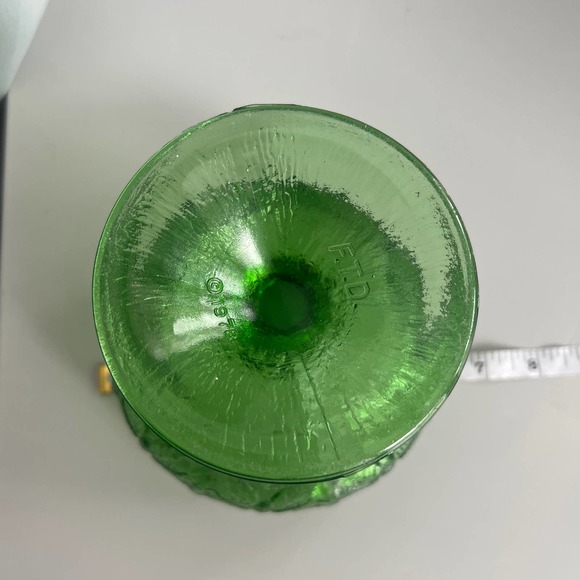 Vintage FTD 1978 Green Depression Glass Footed Pedestal Bowl Oak Leaf Pattern - Picture 4 of 6
